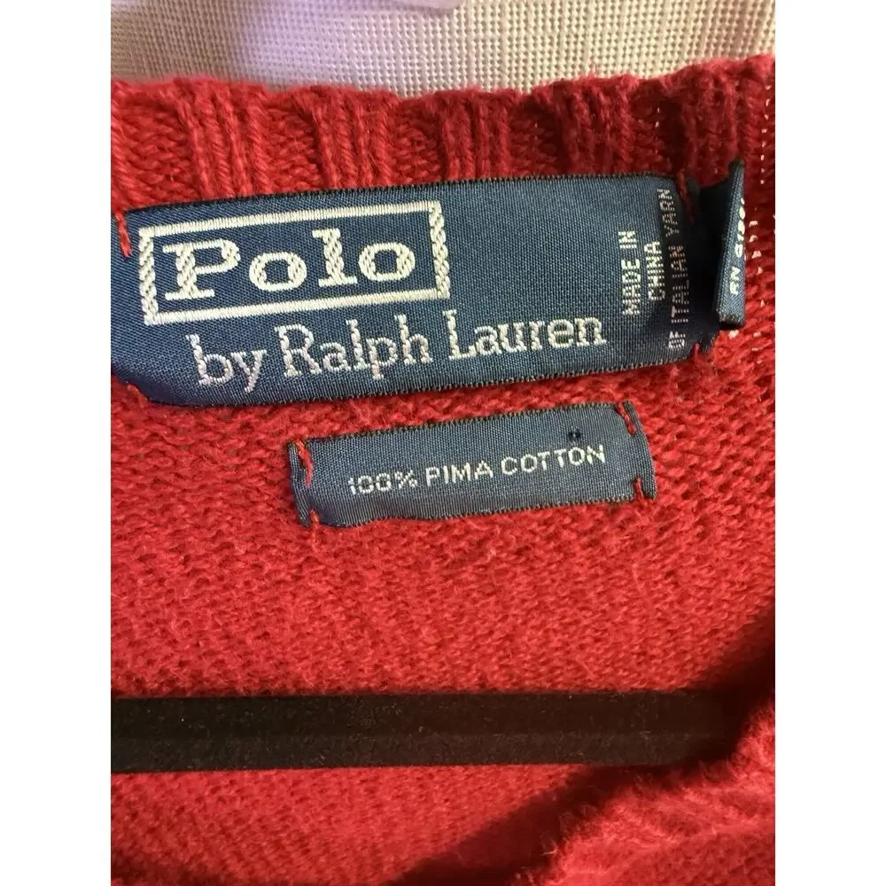 Polo Ralph Lauren Men's Red VINTAGE Pima Cotton V-Neck Knit Sweater Logo L